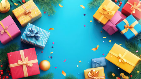 A blue background with many colorful presents and decorations, AIの素材