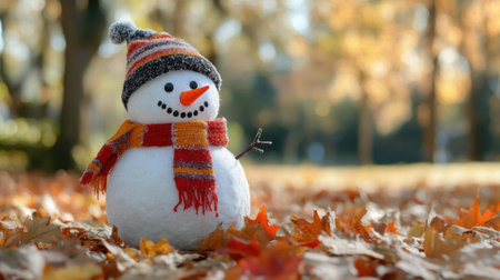 A snowman wearing a scarf and hat sitting on the ground, AIの素材
