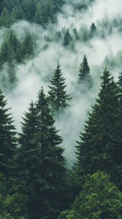 A forest with fog and trees covered in mist, AIの素材