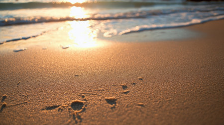 A person walking on a beach with the sun setting in front of them, AIの素材
