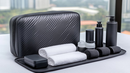 A black case with a variety of toiletries on top, AIの素材