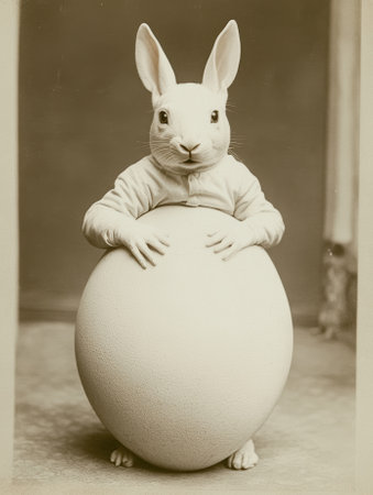 A rabbit with a white coat and hat sitting on top of an egg, AIの素材