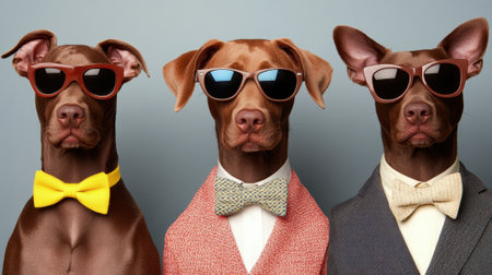Three dogs wearing suits and bow ties with sunglasses, AIの素材