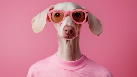 A dog wearing a pink shirt and sunglasses with its tongue out, AIの素材