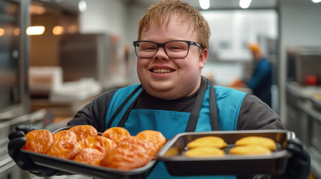 A man with Down syndrome holding a tray of donuts in the kitchen, AIの素材