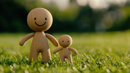 A wooden toy standing next to another one in a field, AIの素材
