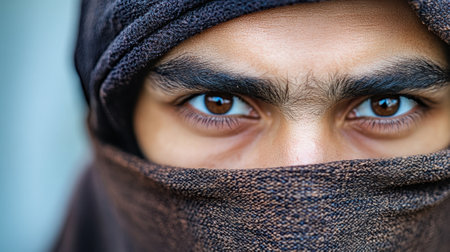 A close up of a man with his eyes covered by the scarf, AIの素材