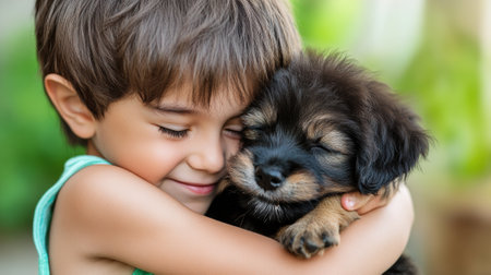 A young boy hugging a puppy with his arms around it, AIの素材