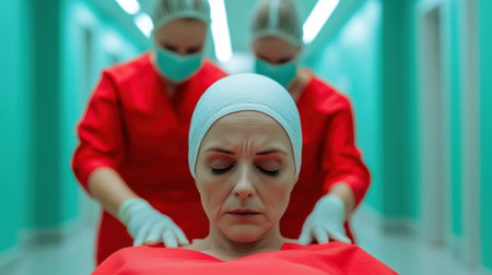 A woman in a hospital gown being examined by two nurses, AIの素材