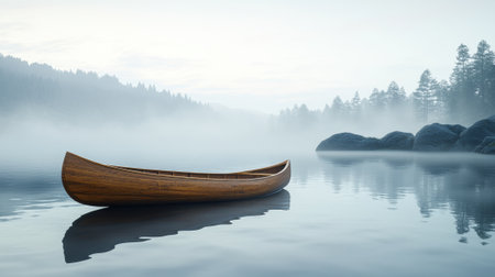 A canoe is floating on a lake in the fog, AIの素材