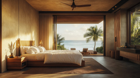 A bedroom with a large bed and ceiling fan in the middle of it, AIの素材