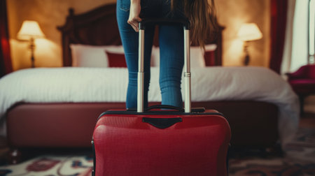 A woman in jeans and a red suitcase standing by the bed, AIの素材