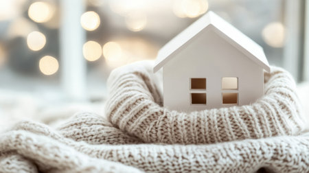 A small house is wrapped in a sweater and placed on top of the window, AIの素材