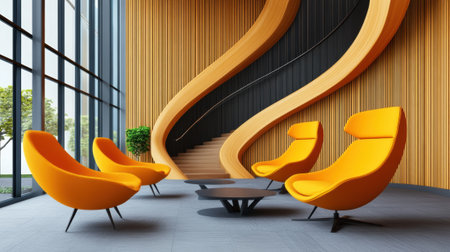 A modern office with a spiral staircase and yellow chairs, AIの素材