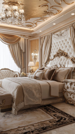 A large bed with a chandelier and gold accents in the bedroom, AIの素材