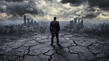 A man in suit standing on cracked ground looking at city, AIの素材