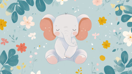 A cute elephant is sitting on a blue background with flowers, AIの素材