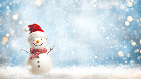 A snowman with a red hat and scarf on top of blue background, AIの素材