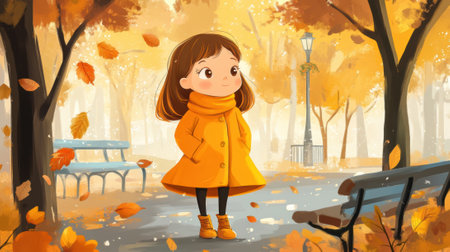 A cartoon girl in a yellow coat standing near some benches, AIの素材