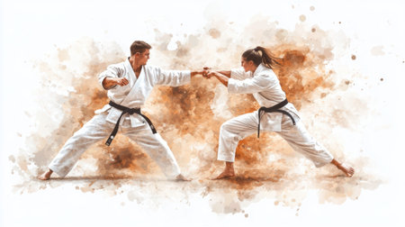 A couple of people are doing karate in a painting, AIの素材