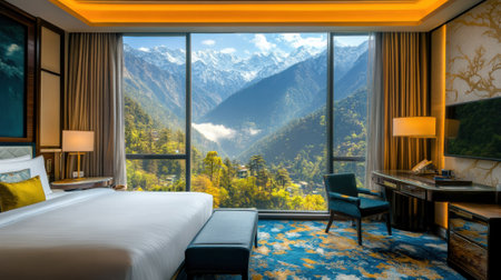 A bedroom with a view of mountains and trees in the distance, AIの素材