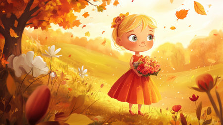 A cartoon girl in a dress holding flowers and leaves, AIの素材