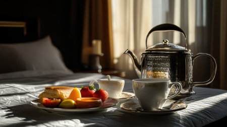 A bed with a tray of food and silverware on it, AIの素材