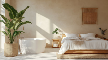 A bedroom with a bed, plant and white tub in the middle, AIの素材