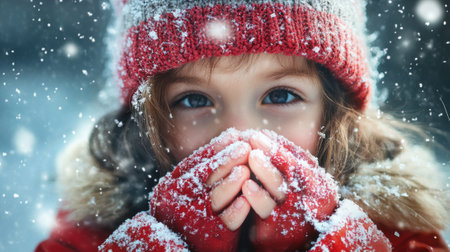 A young girl wearing a red hat and mittens covering her mouth, AIの素材