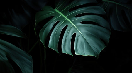 A close up of a large green leaf on the dark background, AIの素材