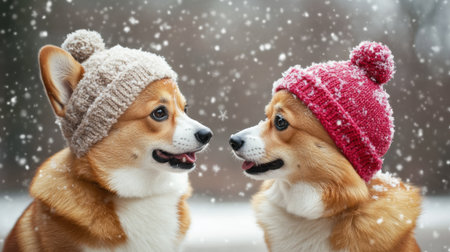 Two dogs wearing hats in the snow with a white background, AIの素材