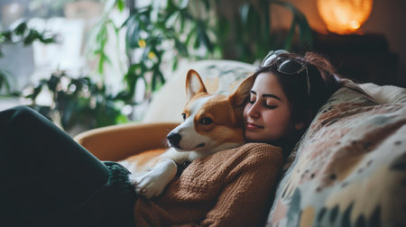 A woman laying on a couch with her dog resting next to her, AIの素材