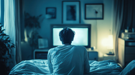 A man sitting on a bed watching tv in the dark, AIの素材