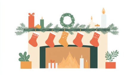 A christmas fireplace with stockings hanging from it, AIの素材
