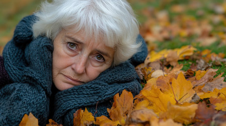 An older woman laying on a blanket in the leaves, AIの素材