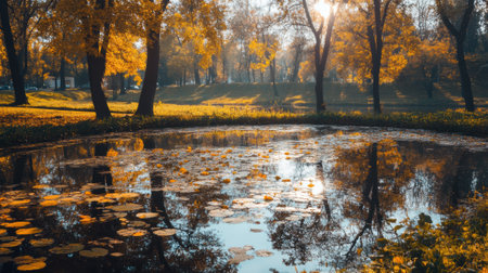 A pond surrounded by trees and grass with water lilies, AIの素材
