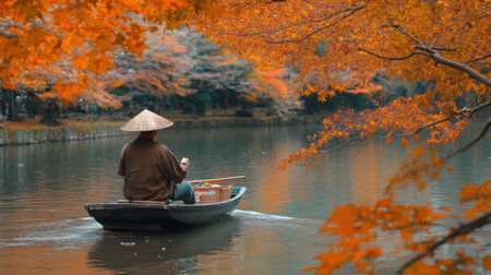A man in a boat on the water with trees behind him, AIの素材