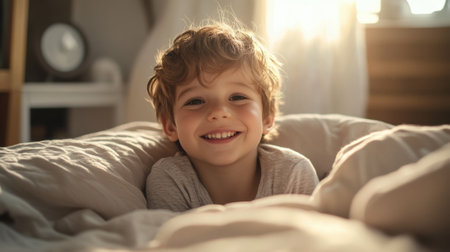 A young boy smiling while laying in bed with a blanket, AIの素材