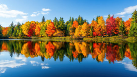 A lake with trees reflecting in the water and a blue sky, AIの素材