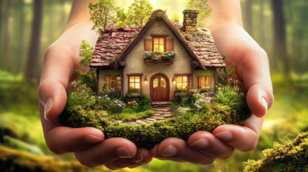 A person holding a miniature house in their hands, AIの素材