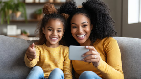 A woman and child sitting on a couch holding up their cell phone, AIの素材