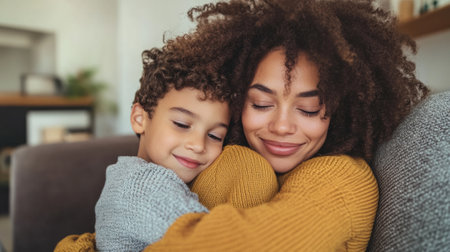 A woman and child hugging on a couch, AIの素材