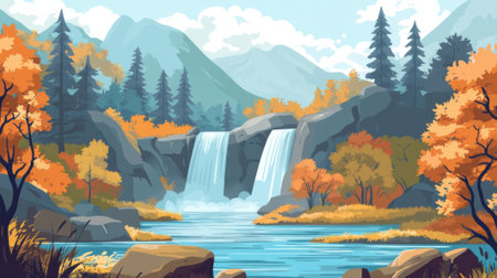 A painting of a waterfall in the mountains surrounded by trees, AIの素材