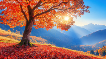A tree with a red leaf on it in the middle of an open field, AIの素材