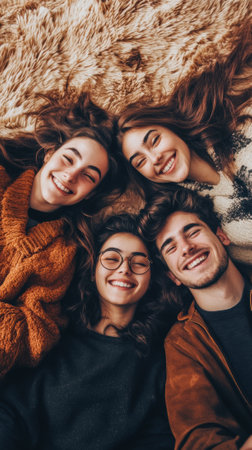 A group of four people laying on a rug together, AIの素材