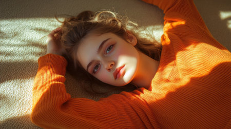 A woman laying on the floor in an orange sweater, AIの素材