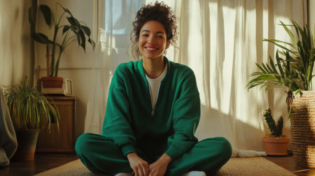 A woman sitting on the floor in a green sweatsuit, AIの素材