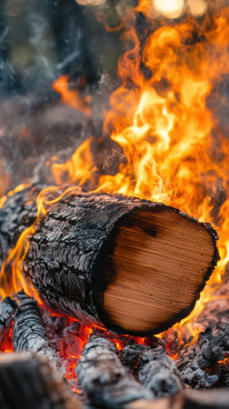 A log burning on a fire with some wood around it, AIの素材
