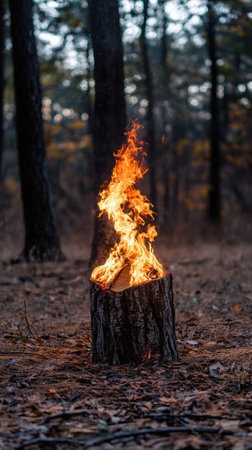 A fire is burning on top of a stump in the woods, AIの素材
