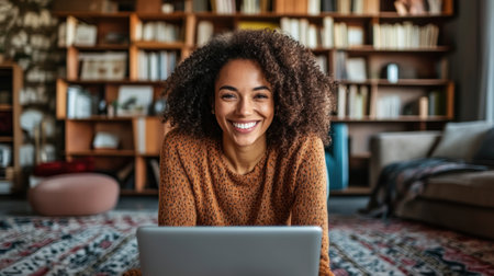 A woman smiling while sitting on the floor with a laptop, AIの素材
